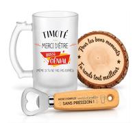 Planetee Coffret Chope de Bière Timoté Génial sans Faire Exprès | Verre Givré 470 ml, Décapsuleur Gravé, Sous-Verre Bois | 3 Pièces | Cadeau Homme Anniversaire Fête Noël Original