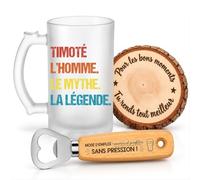 Planetee Coffret Chope de Bière Timoté Mythe Légende | Verre Givré 470 ml, Décapsuleur Gravé, Sous-Verre Bois | 3 Pièces | Cadeau Homme Anniversaire Fête Noël Original