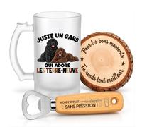 Planetee Coffret Chope de Bière Un Gars qui Adore les Terre-Neuve | Verre Givré 470 ml, Décapsuleur Gravé, Sous-Verre Bois | 3 Pièces | Cadeau Homme Passionné Humour Original Anniversaire