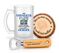 Planetee Coffret Chope de Bière Voyageur Impossible à Oublier | Verre Givré 470 ml, Décapsuleur Gravé, Sous-Verre Bois | 3 Pièces | Cadeau Noël Collègue Homme Départ Retraite Remerciement