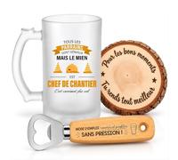 Planetee Coffret Chope Parrain Chef de Chantier Génial | Chope Verre Givré 470 ml, Décapsuleur Gravé, Dessous de Verre Bois, 3 Pièces, Cadeau Noël Baptême Anniversaire