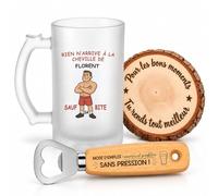 Planetee Coffret Chope Rien n'arrive à la cheville de Florent sauf sa bite | Chope Verre Givré 470 ml, Décapsuleur Gravé, Dessous de Verre Bois, 3 Pièces, Cadeau Fête des Pères