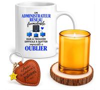 Planetee Coffret Mug Administrateur Réseau Impossible à Oublier | Céramique 330 ml, Bougie en Verre, Sous-Verre Bois, Porte-Clés Cœur | 4 Pièces | Cadeau Collègue Homme Départ Retraite Remerciement