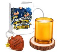 Planetee Coffret Mug Administrateur Réseau Juste le Meilleur | Céramique 330 ml, Bougie en Verre, Sous-Verre Bois, Porte-Clés Cœur | 4 Pièces | Cadeau Collègue Homme Départ Retraite Remerciement