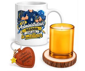 Planetee Coffret Mug Administrateur Réseau Juste le Meilleur | Céramique 330 ml, Bougie en Verre, Sous-Verre Bois, Porte-Clés Cœur | 4 Pièces | Cadeau Collègue Homme Départ Retraite Remerciement