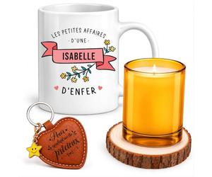 Planetee Coffret Mug Affaires d'une Isabelle d'Enfer | Céramique 330 ml, Bougie en Verre, Sous-Verre Bois, Porte-Clés Cœur | 4 Pièces | Cadeau Femme Anniversaire Fête Noël Original