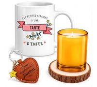 Planetee Coffret Mug Affaires d'une Tante d'Enfer | Mug Céramique 330 ml, Bougie en Verre, Dessous de Verre Bois, Porte-Clés Cœur | 4 Pièces | Cadeau Anniversaire Noël Famille