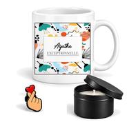 Planetee Coffret Mug Agathe Exceptionnelle | Céramique 330 ml, Bougie Parfumée en Boîte Métal, Pin's Cœur | 3 Pièces | Cadeau Femme Anniversaire Fête Noël Original