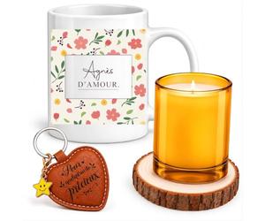 Planetee Coffret Mug Agnès d'Amour Fleurs | Céramique 330 ml, Bougie en Verre, Sous-Verre Bois, Porte-Clés Cœur | 4 Pièces | Cadeau Femme Anniversaire Fête Noël Original