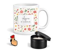 Planetee Coffret Mug Agnès d'Amour Fleurs | Céramique 330 ml, Bougie Parfumée en Boîte Métal, Pin's Cœur | 3 Pièces | Cadeau Femme Anniversaire Fête Noël Original