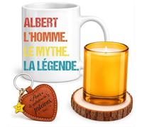 Planetee Coffret Mug Albert Mythe Légende | Céramique 330 ml, Bougie en Verre, Sous-Verre Bois, Porte-Clés Cœur | 4 Pièces | Cadeau Homme Anniversaire Fête Noël Original