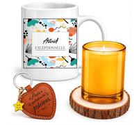 Planetee Coffret Mug Astrid Exceptionnelle | Céramique 330 ml, Bougie en Verre, Sous-Verre Bois, Porte-Clés Cœur | 4 Pièces | Cadeau Femme Anniversaire Fête Noël Original