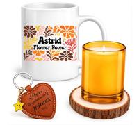 Planetee Coffret Mug Astrid Flower Power | Céramique 330 ml, Bougie en Verre, Sous-Verre Bois, Porte-Clés Cœur | 4 Pièces | Cadeau Femme Anniversaire Fête Noël Original