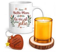 Planetee Coffret Mug Avec Belle-Mère la vie est plus jolie | Mug Céramique 330 ml, Bougie en Verre, Dessous de Verre Bois, Porte-Clés Cœur | 4 Pièces | Cadeau Anniversaire Noël