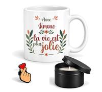 Planetee Coffret Mug Avec Simone la Vie est Jolie | Céramique 330 ml, Bougie Parfumée en Boîte Métal, Pin's Cœur | 3 Pièces | Cadeau Noël Femme Anniversaire Fête Original