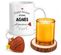 Planetee Coffret Mug Bazar Agnès d'Amour | Céramique 330 ml, Bougie en Verre, Sous-Verre Bois, Porte-Clés Cœur | 4 Pièces | Cadeau Femme Anniversaire Fête Noël Original