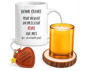 Planetee Coffret Mug Bonne Chance Rémi | Céramique 330 ml, Bougie en Verre, Sous-Verre Bois, Porte-Clés Cœur | 4 Pièces | Cadeau Homme Anniversaire Fête Noël Original