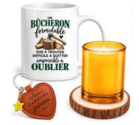 Planetee Coffret Mug Bûcheron Impossible à Oublier formidable dur à trouver | Céramique 330 ml, Bougie en Verre, Sous-Verre Bois, Porte-Clés Cœur | 4 Pièces | Cadeau Noël Collègue Homme Départ