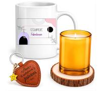 Planetee Coffret Mug Céquipière Fabuleuse | Céramique 330 ml, Bougie en Verre, Sous-Verre Bois, Porte-Clés Cœur | 4 Pièces | Cadeau Femme Anniversaire Fête Noël Original