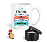 Planetee Coffret Mug Chimiste une Vocation | Céramique 330 ml, Bougie Parfumée en Boîte Métal, Pin's Cœur | 3 Pièces | Cadeau Noël Collègue Femme Départ Retraite Remerciement