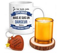 Planetee Coffret Mug Danseur Super-Héros | Céramique 330 ml, Bougie en Verre, Sous-Verre Bois, Porte-Clés Cœur | 4 Pièces | Cadeau Collègue Homme Départ Retraite Remerciement