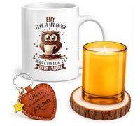 Planetee Coffret Mug Emy Grain Chouette | Céramique 330 ml, Bougie en Verre, Sous-Verre Bois, Porte-Clés Cœur | 4 Pièces | Cadeau Femme Anniversaire Fête Noël Original