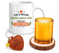 Planetee Coffret Mug Être le meilleur Arrière-grand-père c'est mon super pouvoir | Mug Céramique 330 ml, Bougie en Verre, Dessous de Verre Bois, Porte-Clés Cœur | 4 Pièces | Cadeau Anniversaire Noël