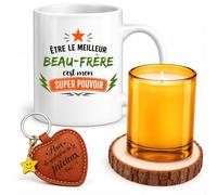 Planetee Coffret Mug Être le meilleur Beau-Frère c'est mon super pouvoir | Mug Céramique 330 ml, Bougie en Verre, Dessous de Verre Bois, Porte-Clés Cœur | 4 Pièces | Cadeau Anniversaire Noël