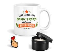 Planetee Coffret Mug Être le meilleur Beau-Frère c'est mon super pouvoir | Mug Céramique 330 ml, Bougie Parfumée en Boîte Métal, Pin's Cœur | 3 Pièces | Cadeau Anniversaire Noël