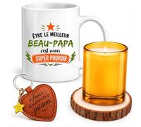 Planetee Coffret Mug Être le meilleur Beau-Papa c'est mon super pouvoir | Mug Céramique 330 ml, Bougie en Verre, Dessous de Verre Bois, Porte-Clés Cœur | 4 Pièces | Cadeau Anniversaire Noël