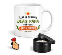 Planetee Coffret Mug Être le meilleur Beau-Papa c'est mon super pouvoir | Mug Céramique 330 ml, Bougie Parfumée en Boîte Métal, Pin's Cœur | 3 Pièces | Cadeau Anniversaire Noël