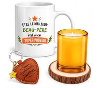 Planetee Coffret Mug Être le meilleur Beau-Père c'est mon super pouvoir | Mug Céramique 330 ml, Bougie en Verre, Dessous de Verre Bois, Porte-Clés Cœur | 4 Pièces | Cadeau Anniversaire Noël