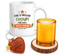Planetee Coffret Mug Être le Meilleur Choupi | Mug Céramique 330 ml, Bougie en Verre, Dessous de Verre Bois, Porte-Clés Cœur | 4 Pièces | Cadeau Saint-Valentin Anniversaire Couple Noël