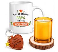 Planetee Coffret Mug Être le meilleur Papo c'est mon super pouvoir | Mug Céramique 330 ml, Bougie en Verre, Dessous de Verre Bois, Porte-Clés Cœur | 4 Pièces | Cadeau Anniversaire Noël