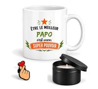 Planetee Coffret Mug Être le meilleur Papo c'est mon super pouvoir | Mug Céramique 330 ml, Bougie Parfumée en Boîte Métal, Pin's Cœur | 3 Pièces | Cadeau Anniversaire Noël