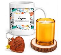 Planetee Coffret Mug Eugénie Exceptionnelle | Céramique 330 ml, Bougie en Verre, Sous-Verre Bois, Porte-Clés Cœur | 4 Pièces | Cadeau Femme Anniversaire Fête Noël Original