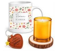 Planetee Coffret Mug Floriane d'Amour Fleurs | Céramique 330 ml, Bougie en Verre, Sous-Verre Bois, Porte-Clés Cœur | 4 Pièces | Cadeau Femme Anniversaire Fête Noël Original
