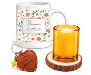 Planetee Coffret Mug Floriane d'Amour Fleurs | Céramique 330 ml, Bougie en Verre, Sous-Verre Bois, Porte-Clés Cœur | 4 Pièces | Cadeau Femme Anniversaire Fête Noël Original