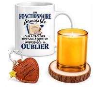 Planetee Coffret Mug Fonctionnaire Impossible à Oublier Homme | Céramique 330 ml, Bougie en Verre, Sous-Verre Bois, Porte-Clés Cœur | 4 Pièces | Cadeau Collègue Homme Départ Retraite Remerciement