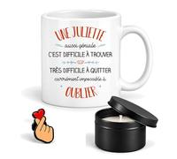 Planetee Coffret Mug Juliette aussi Géniale | Céramique 330 ml, Bougie Parfumée en Boîte Métal, Pin's Cœur | 3 Pièces | Cadeau Femme Anniversaire Fête Noël Original