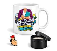 Planetee Coffret Mug Juste la Meilleure Assistante de Direction | Céramique 330 ml, Bougie Parfumée en Boîte Métal, Pin's Cœur | 3 Pièces | Cadeau Noël Collègue Femme Départ Retraite Remerciement