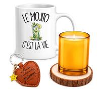 Planetee Coffret Mug Le Mojito c'est la Vie | Céramique 330 ml, Bougie en Verre, Sous-Verre Bois, Porte-Clés Cœur | 4 Pièces | Cadeau Passionné Humour Original Anniversaire