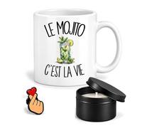 Planetee Coffret Mug Le Mojito c'est la Vie | Céramique 330 ml, Bougie Parfumée en Boîte Métal, Pin's Cœur | 3 Pièces | Cadeau Passionné Humour Original Anniversaire