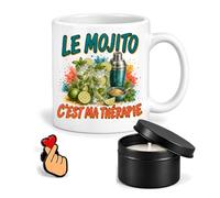 Planetee Coffret Mug Le Mojito Ma Thérapie | Céramique 330 ml, Bougie Parfumée en Boîte Métal, Pin's Cœur | 3 Pièces | Cadeau Passionné Humour Original Anniversaire