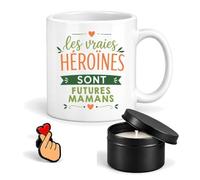 Planetee Coffret Mug Les vraies héroïnes sont Futures Mamans | Mug Céramique 330 ml, Bougie Parfumée en Boîte Métal, Pin's Cœur | 3 Pièces | Cadeau Anniversaire Noël