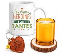 Planetee Coffret Mug Les vraies héroïnes sont Tantes | Mug Céramique 330 ml, Bougie en Verre, Dessous de Verre Bois, Porte-Clés Cœur | 4 Pièces | Cadeau Anniversaire Noël