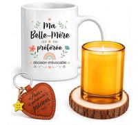 Planetee Coffret Mug Ma Belle-Mère préférée décision irrévocable | Mug Céramique 330 ml, Bougie en Verre, Dessous de Verre Bois, Porte-Clés Cœur | 4 Pièces | Cadeau Anniversaire Noël