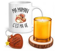 Planetee Coffret Mug Ma Maman c'est ma vie | Mug Céramique 330 ml, Bougie en Verre, Dessous de Verre Bois, Porte-Clés Cœur | 4 Pièces | Cadeau Anniversaire Noël