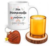 Planetee Coffret Mug Ma Mamounette préférée décision irrévocable | Mug Céramique 330 ml, Bougie en Verre, Dessous de Verre Bois, Porte-Clés Cœur | 4 Pièces | Cadeau Anniversaire Noël