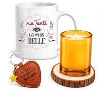 Planetee Coffret Mug Ma Tante c'est la plus belle | Mug Céramique 330 ml, Bougie en Verre, Dessous de Verre Bois, Porte-Clés Cœur | 4 Pièces | Cadeau Anniversaire Noël